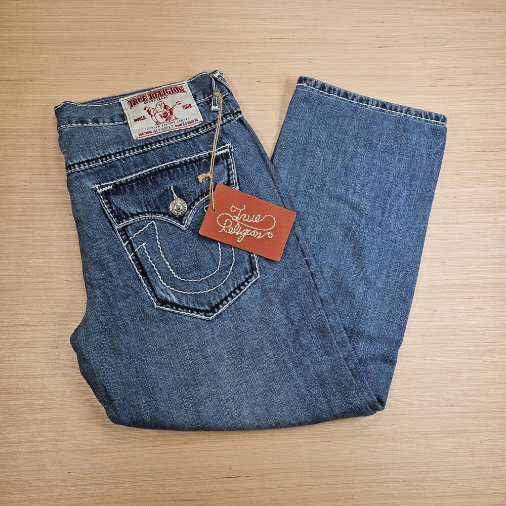True Religion Joey Super T Men 38x30 Blue Flare Leg Contrast Stitch Distress NEW